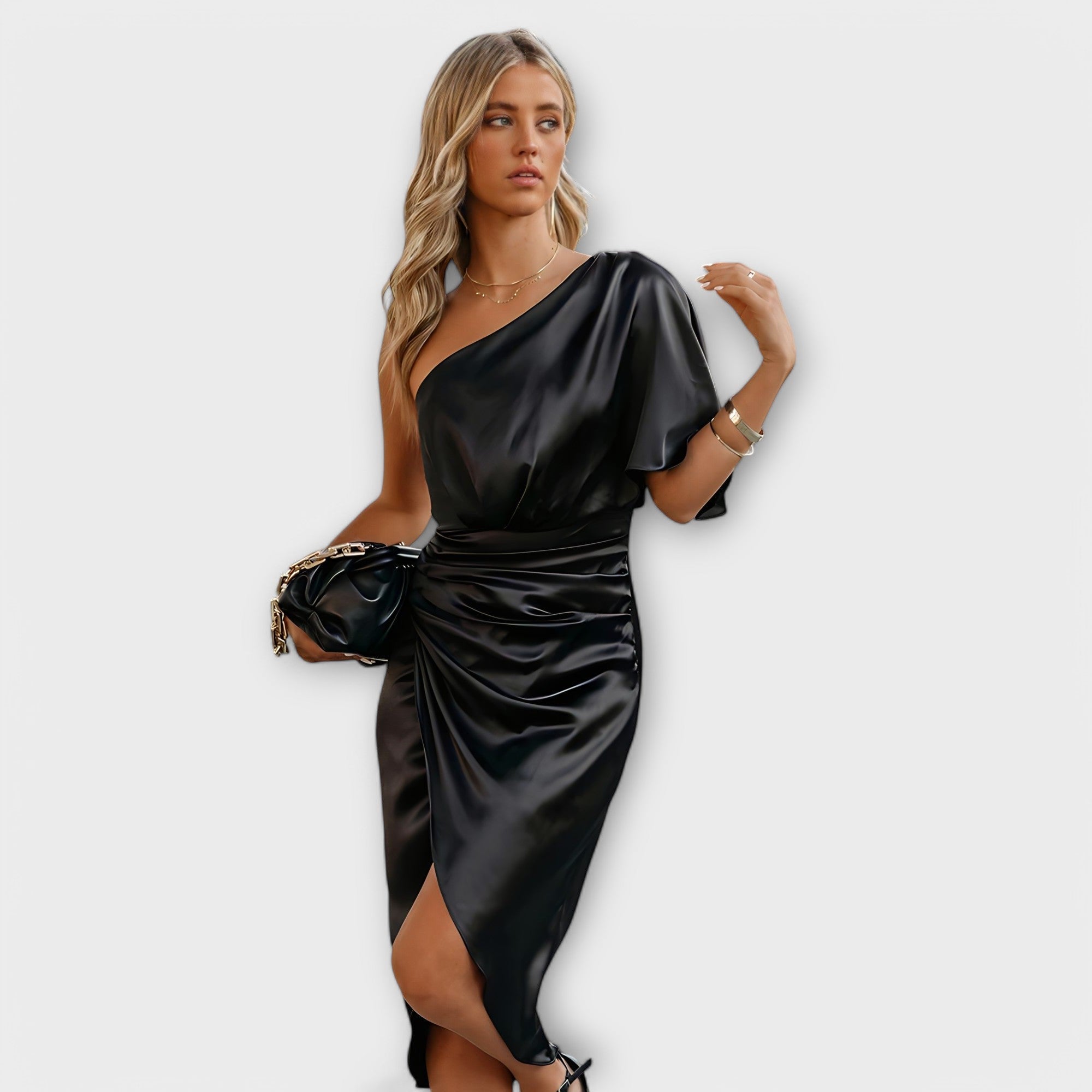 Black satin one-shoulder evening dress with draped waist and long side slit