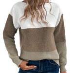 Beige and white two-tone knit sweater, crew neck, long sleeves, ribbed cuffs