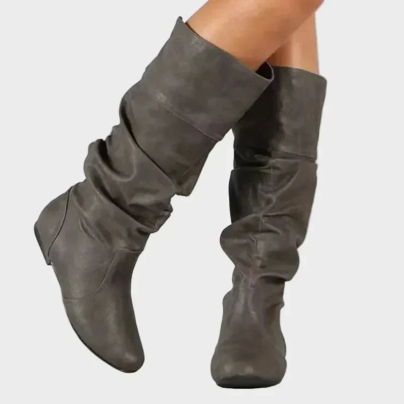 Vasia tall casual ankle boots, dark gray, ruched shaft and low stacked heel