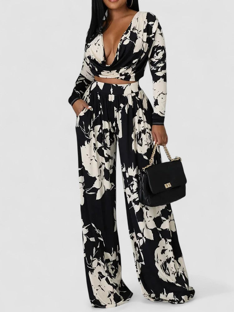 Janna set: black & white floral wrap top with wide-leg pants
