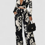 Janna set: black & white floral wrap top with wide-leg pants