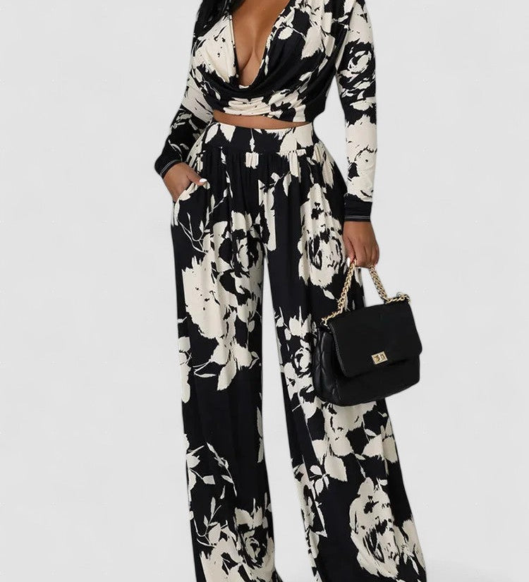 Janna set: black & white floral wrap top with wide-leg pants