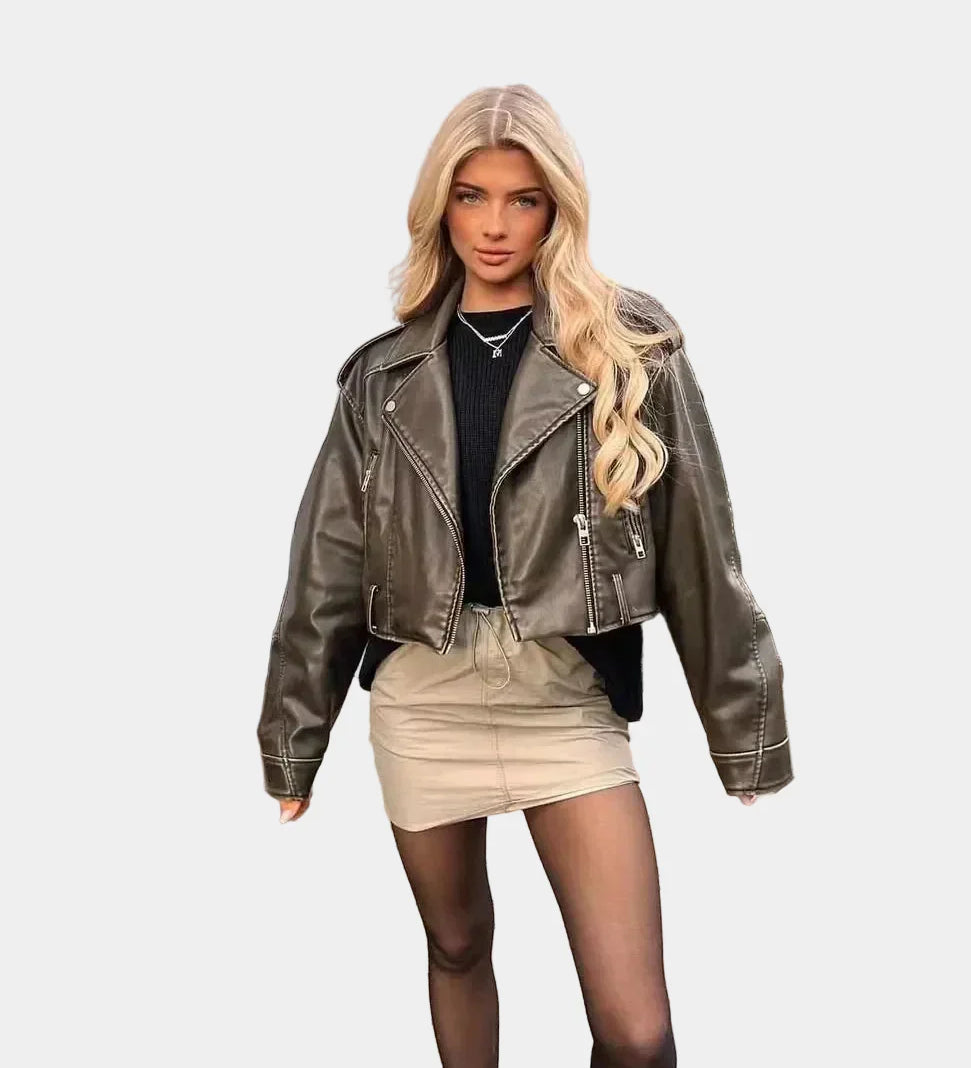 Cropped faux leather biker jacket with asymmetrical zip and lapels