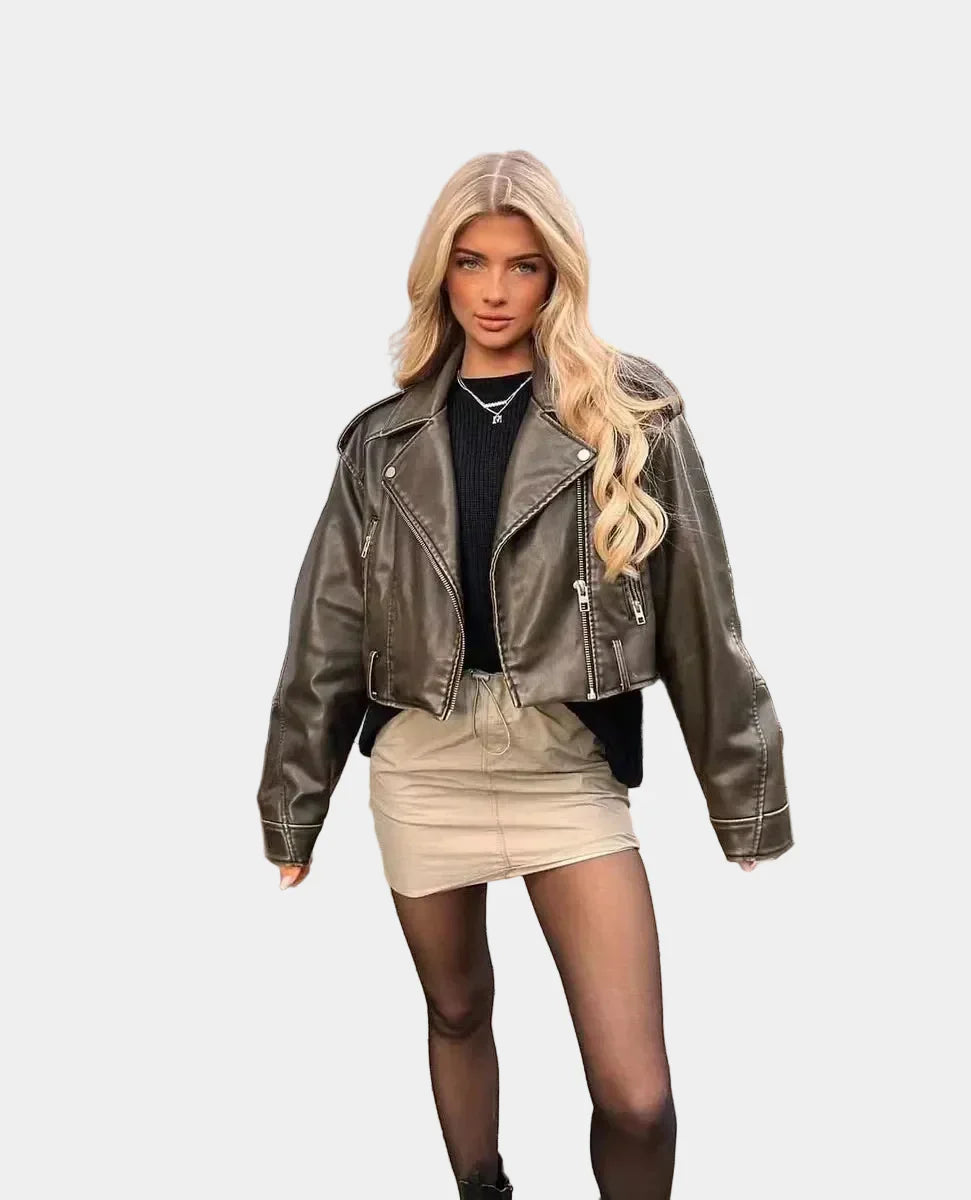 Cropped faux leather biker jacket with asymmetrical zip and lapels