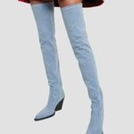 Light blue knee-high heeled boots with pointed toe and dark block heel
