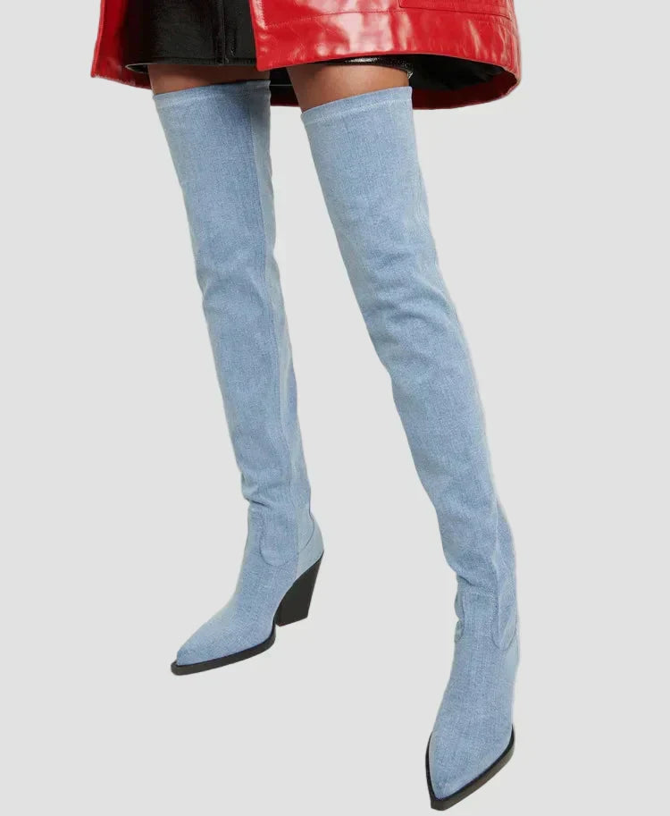 Light blue knee-high heeled boots with pointed toe and dark block heel