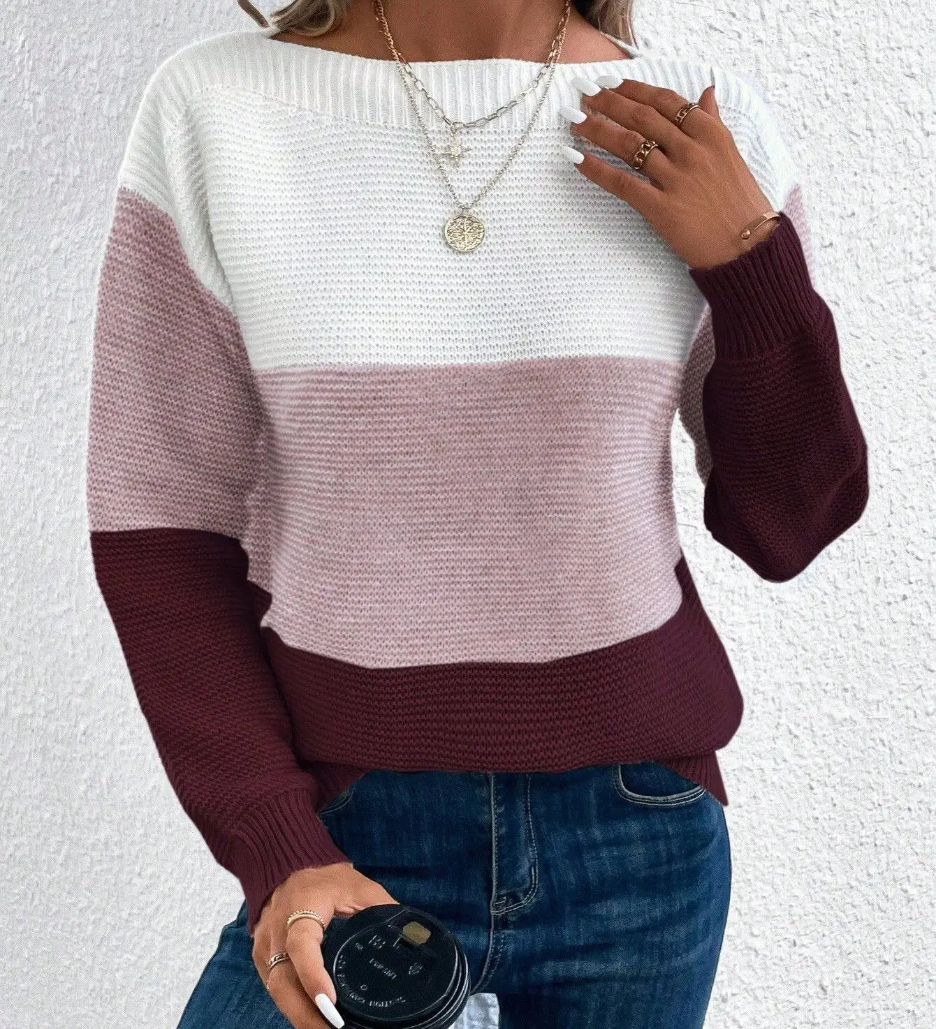 Color-block knit sweater, crew neck, long sleeves; white, mauve, and dark plum panels.
