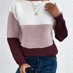 Color-block knit sweater, crew neck, long sleeves; white, mauve, and dark plum panels.
