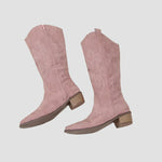 Pink suede cowboy western boots with stitched pattern, side zipper, low block heel
