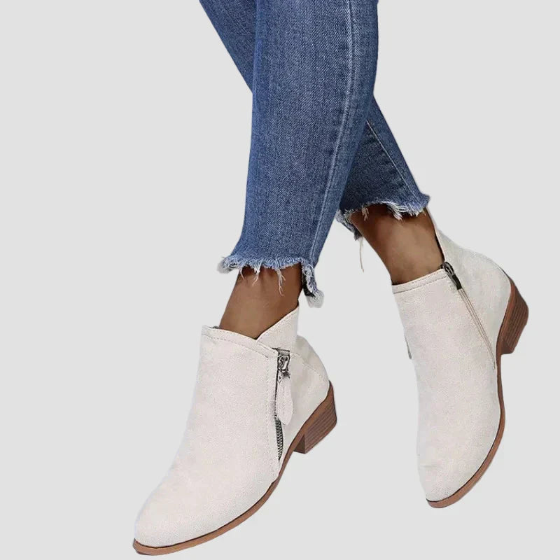 Cream orthopedic leather winter ankle boots with side zipper and block heel