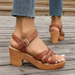 Kleoniki tan/brown platform heeled sandals with braided toe strap and buckle