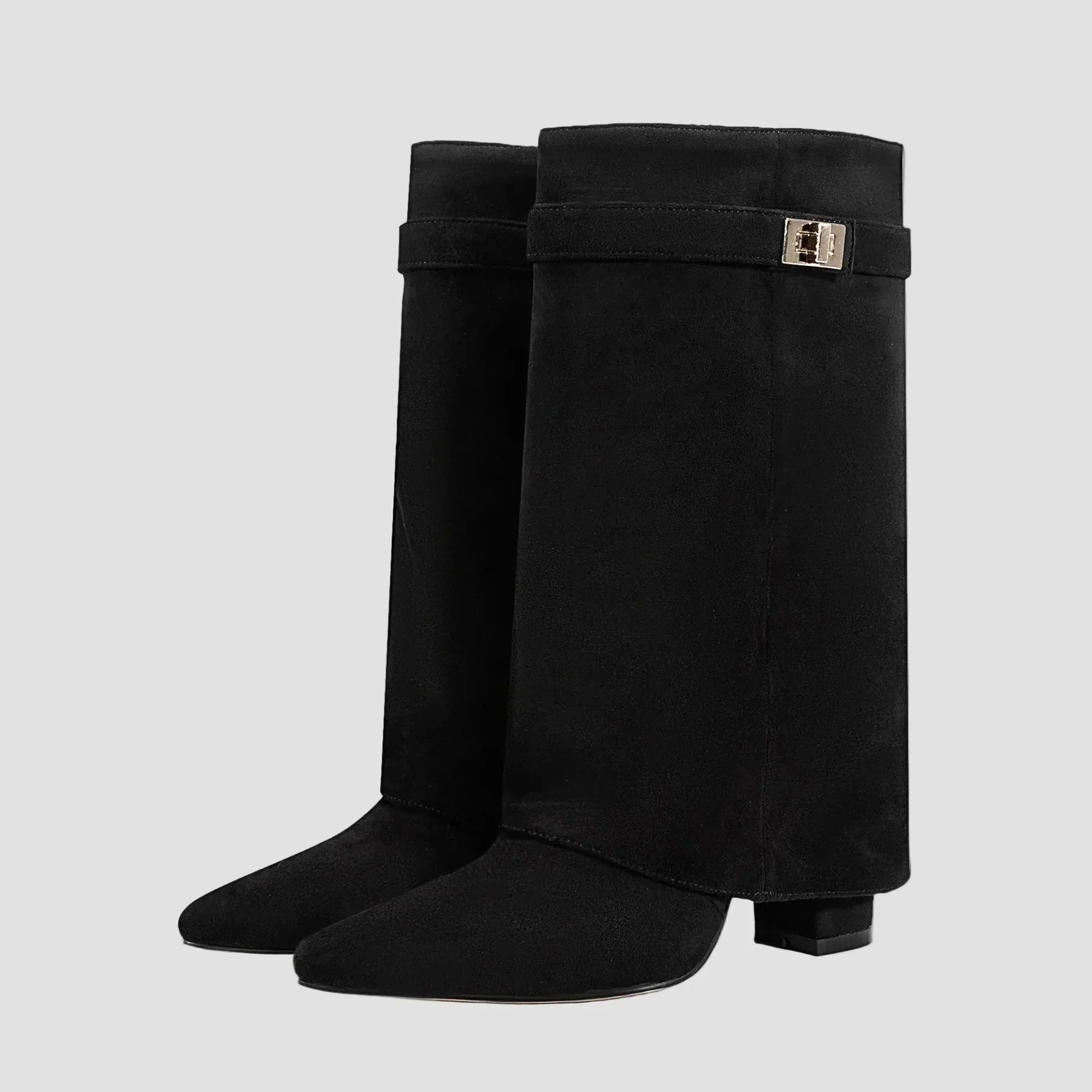 Black tall suede boots with wide cuff, block heel, and buckle strap