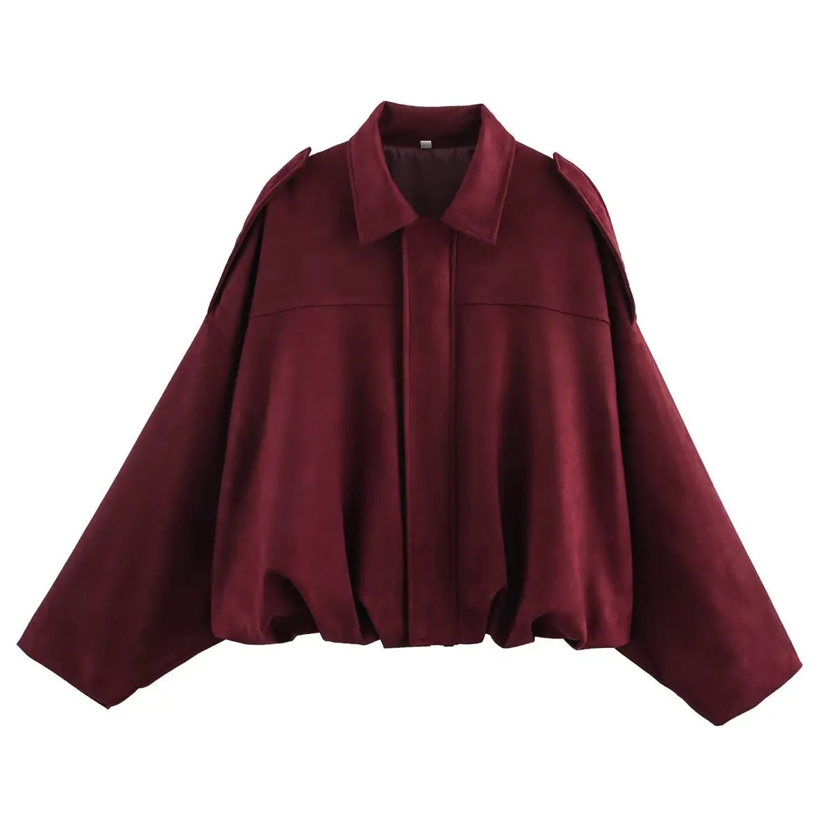 Burgundy short jacket with pointed collar, center zip, gathered hem and long sleeves