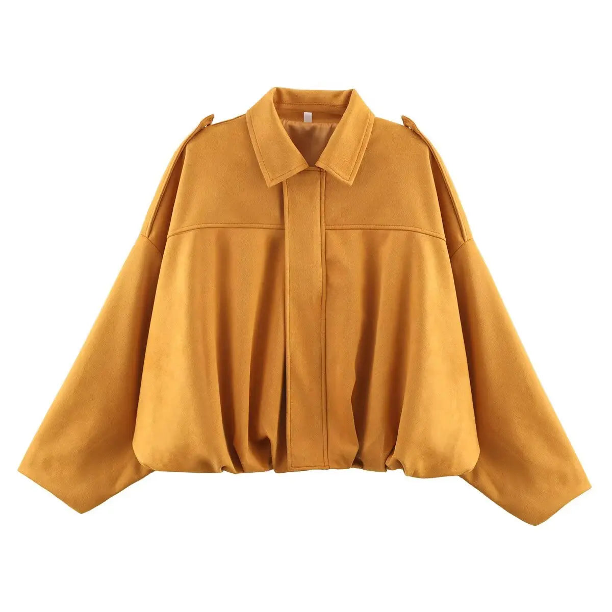 Mustard short jacket with pointed collar, center zip, gathered hem and long sleeves