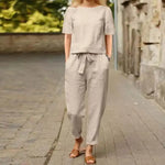 Lili linen two-piece set in beige: short-sleeve top with tied waist and tapered pants