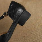 Black leather Mary Jane-style ankle strap shoe with gold buckle and chunky heel