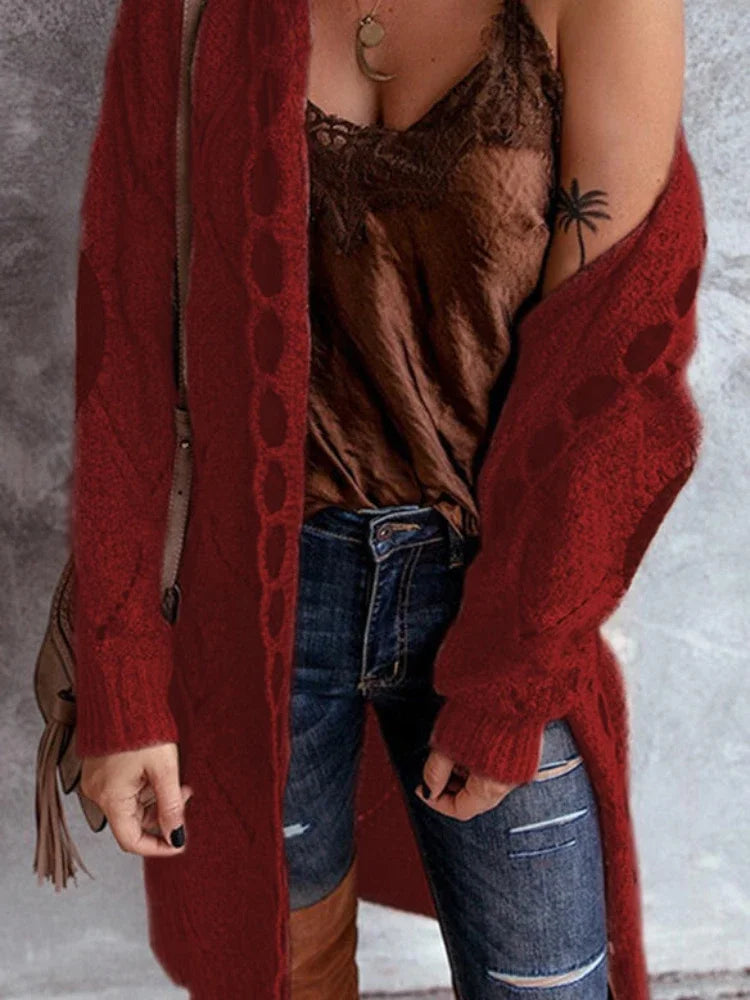 Relaxed knit cardigan with hood, open front, long sleeves, red knit with dark accents