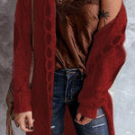 Relaxed knit cardigan with hood, open front, long sleeves, red knit with dark accents