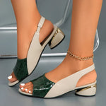 Orthopedic heeled sandals, green croc-texture straps with white panels and gold-trim heel