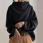 Black high-neck pullover sweater with long sleeves and relaxed fit