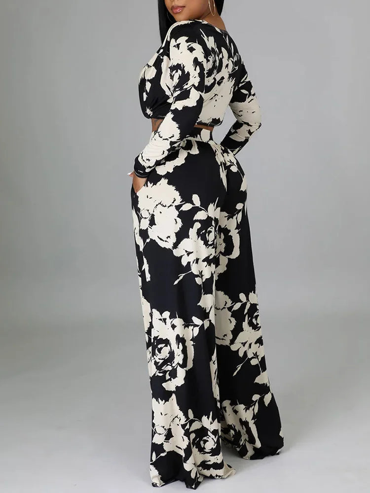 Black & white floral long-sleeve top with matching wide-leg trousers