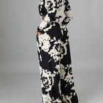 Black & white floral long-sleeve top with matching wide-leg trousers