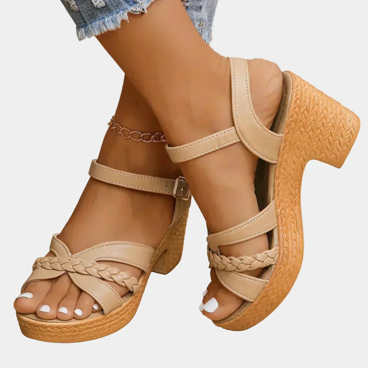 Kleoniki tan braided platform heeled sandals with ankle strap and open toe