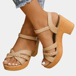 Kleoniki tan braided platform heeled sandals with ankle strap and open toe