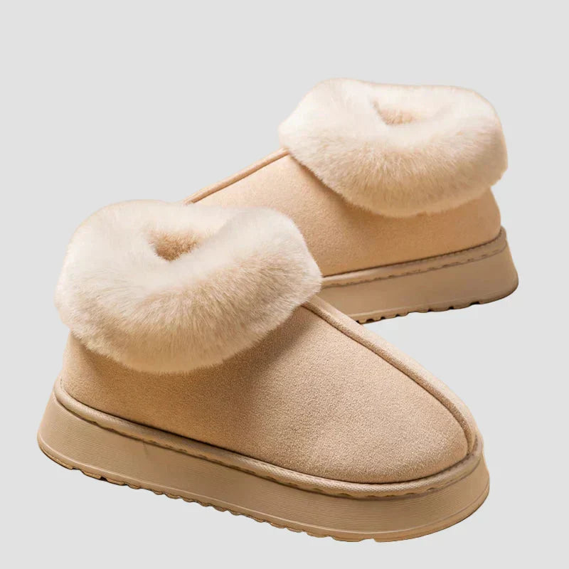 Georgia home slippers in light beige suede with cream faux-fur cuff and slip-on design