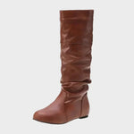 Vasia tall casual boots, brown leather look, ruched shaft and low heel