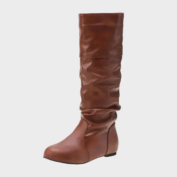 Vasia tall casual boots, brown leather look, ruched shaft and low heel