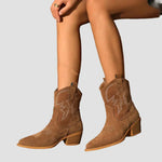 Tan/brown western embroidered ankle boots with pull tabs and low stacked heel