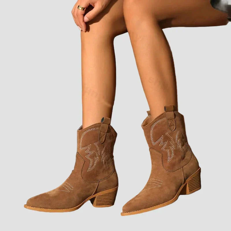 Tan/brown western embroidered ankle boots with pull tabs and low stacked heel