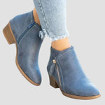 Blue orthopedic leather winter ankle boots with side zipper and block heel