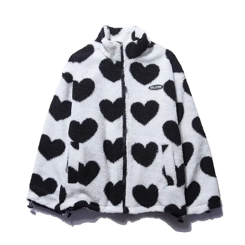White-and-black heart patterned fleece lining for reversible winter jacket with zip