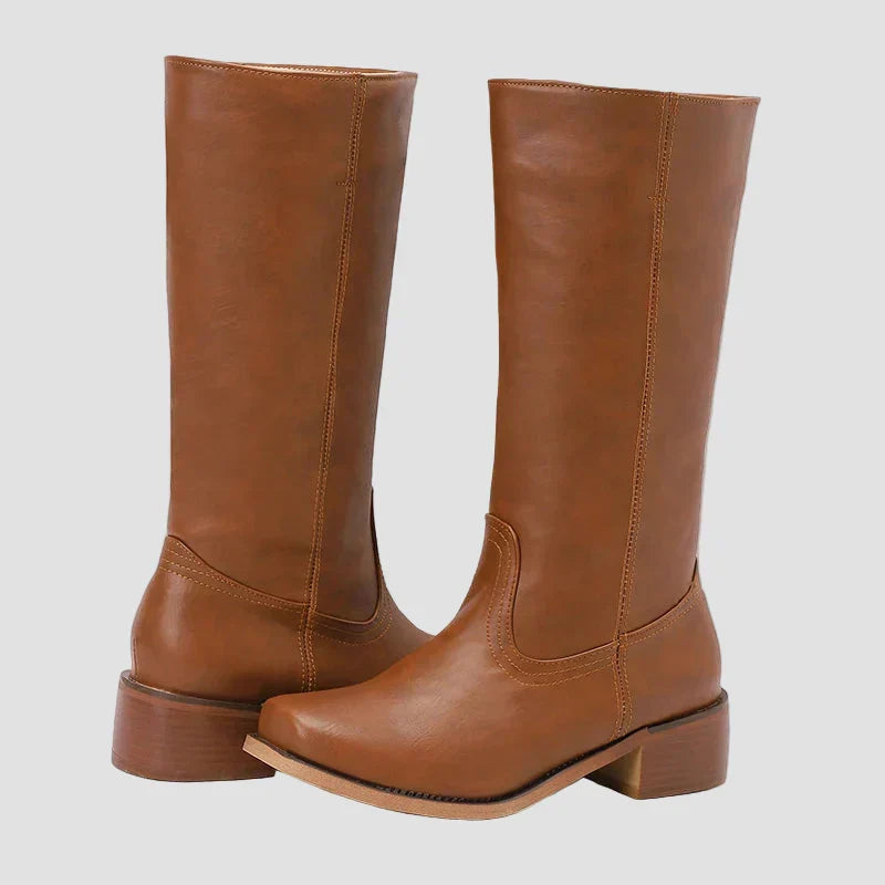 Cognac tall pull-on equestrian boots with low block heel and stitched panels