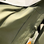 Modern jacket front, sage green with placket and adjustable drawcord at collar