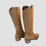 Tan suede cowboy western boots, pull-on with elastic panel, stitched star detail