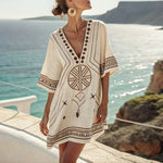 White beach tunic with V neckline, embroidered geometric border and short sleeves