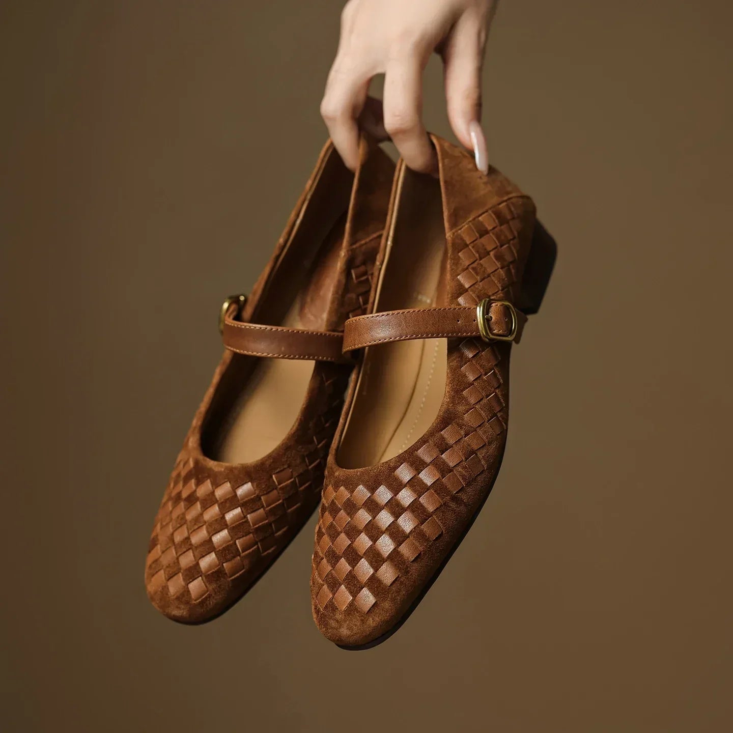 Brown woven leather Mary Jane flats with ankle strap and gold-tone buckle