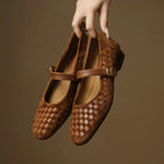 Brown woven leather Mary Jane flats with ankle strap and gold-tone buckle