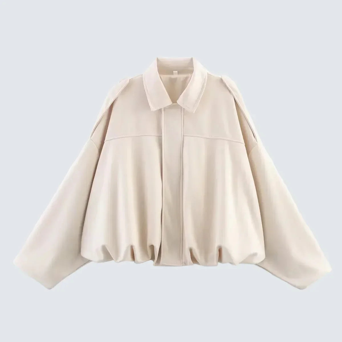 Cream short jacket with pointed collar, center zip, gathered hem and long sleeves