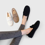 Set of warm slip-on slippers in white, khaki, and black with fuzzy lining