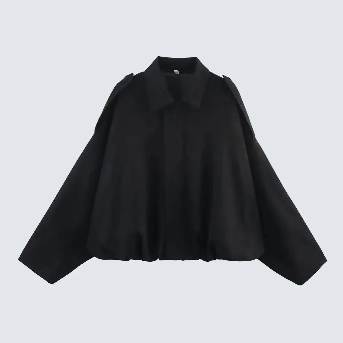 Black short jacket with pointed collar, center zip, gathered hem and long sleeves