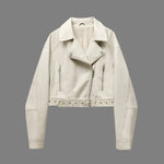 Élodie™ trendy jacket, cropped cream faux leather moto jacket with belt