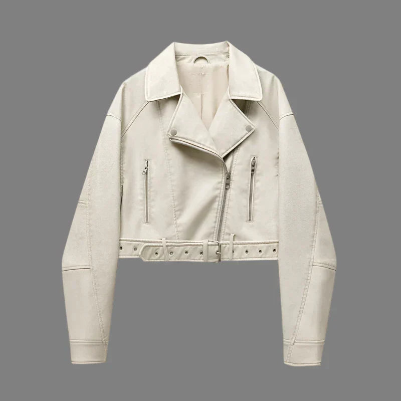 Élodie™ trendy jacket, cropped cream faux leather moto jacket with belt