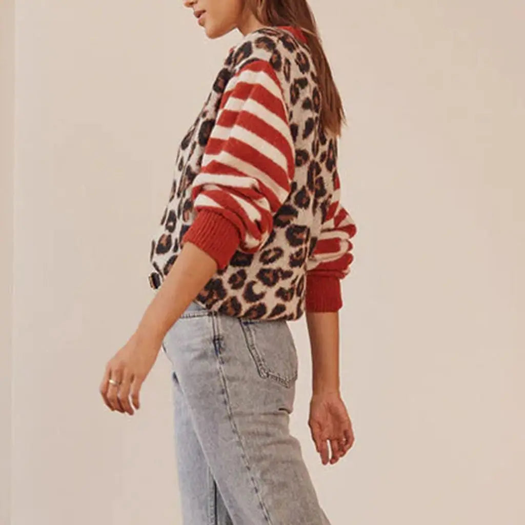 Leopard print button-front cardigan sweater with red-and-white striped sleeves