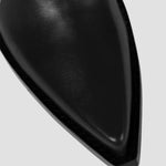 Black leather-look knee-high boot upper with smooth texture and angled toe