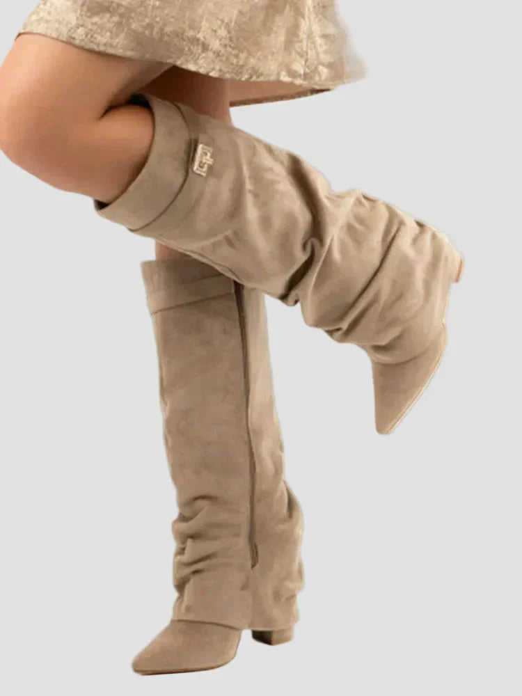 Light beige slouch tall boots with cuff buckle and block heel
