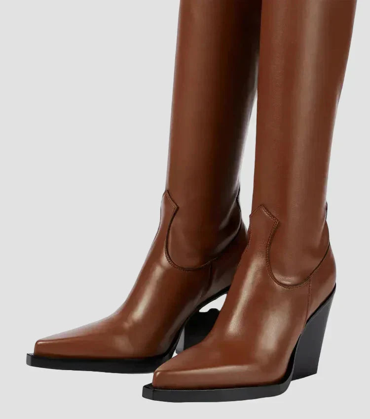 Brown knee-high heeled boots with seam detail and pointed toe on block heel